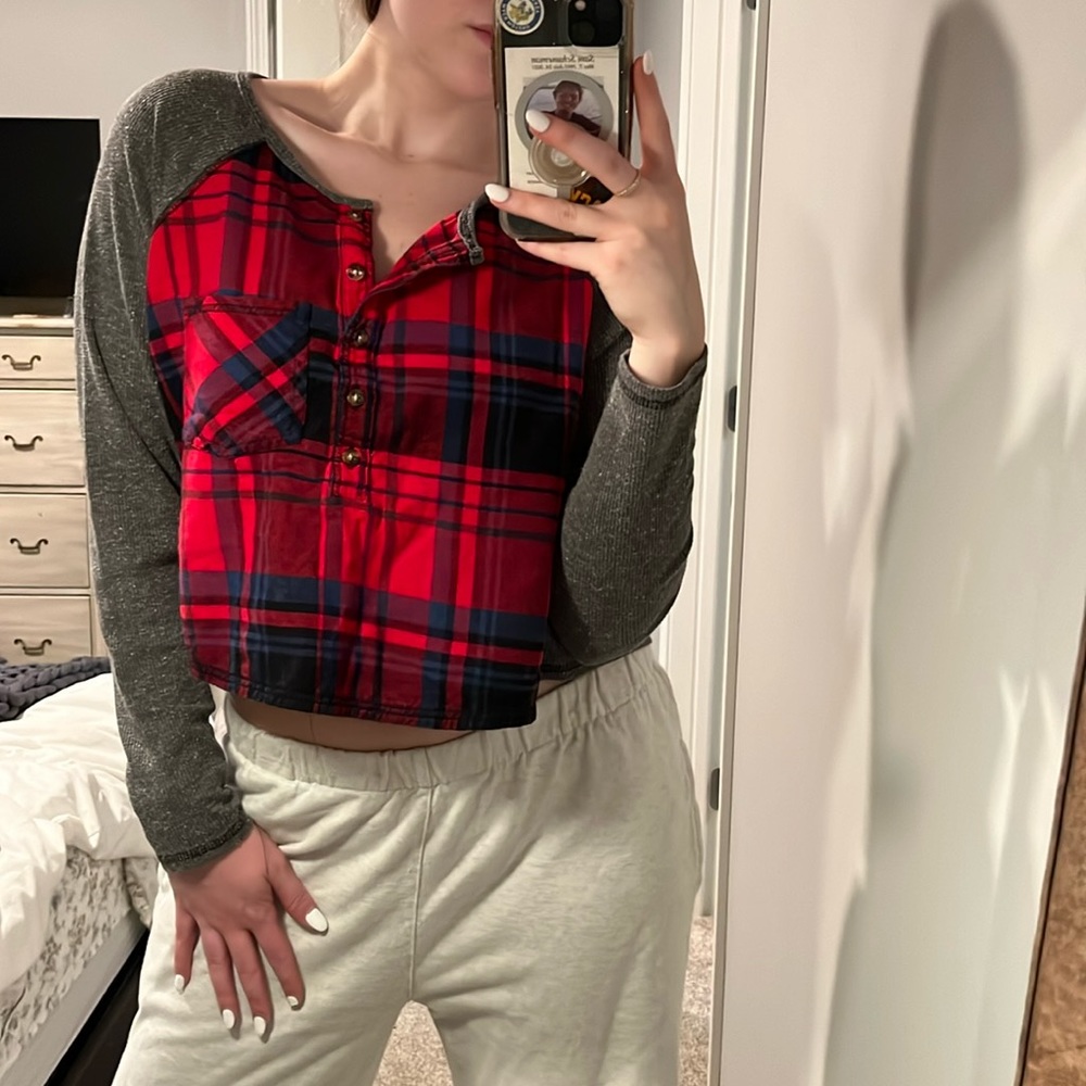 Urban Outfitters Red Flannel / Grey Thermal Crop